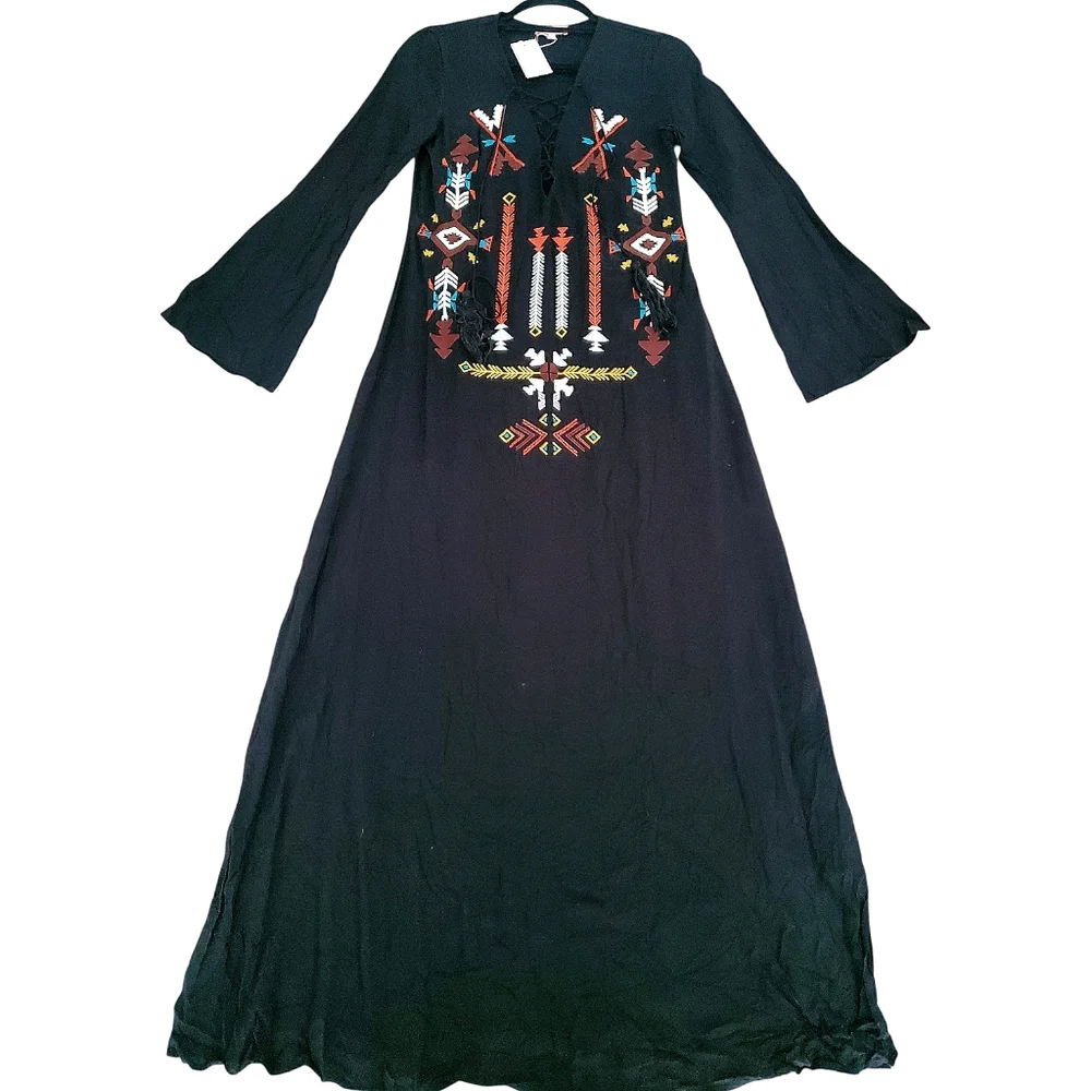 Embroidered Black Maxi Dress w/ Side Slits Size S Native American Boho Nasty Gal - Picture 4 of 12